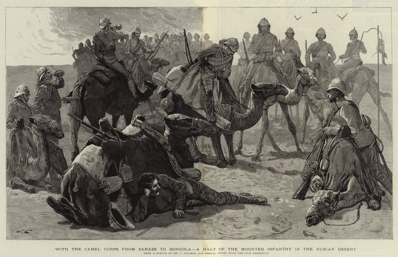 With the Camel Corps from Sarass to Dongola, a Halt of the Mounted Infantry in the Nubian Desert by Frederic Villiers