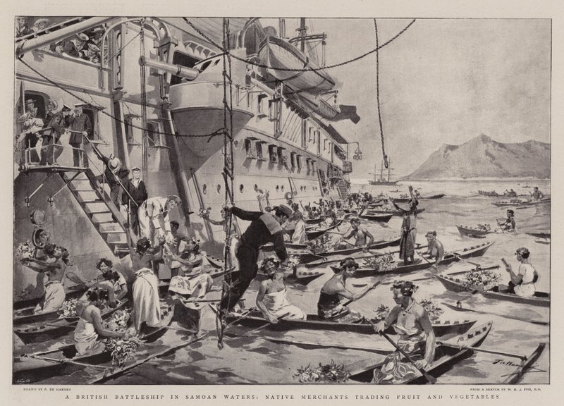 A British Battleship in Samoan Waters, Native Merchants Trading Fruit and Vegetables by Frederic de Haenen