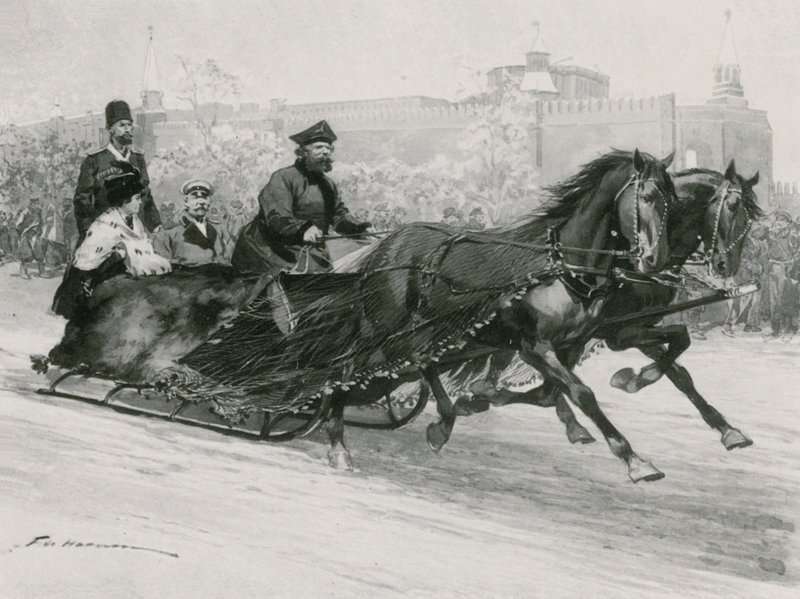 A Sleigh with Blue Silk Net, to prevent the Snow from spraying the Occupants, the Kremlin in the Background by Frederic de Haenen