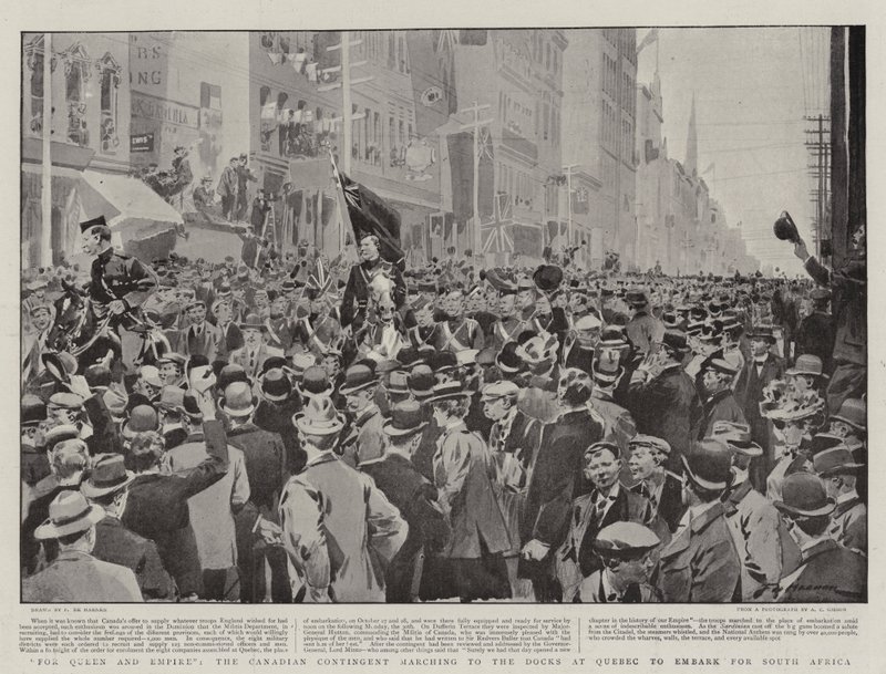 For Queen and Empire, the Canadian Contingent marching to the Docks at Quebec to embark for South Africa by Frederic de Haenen