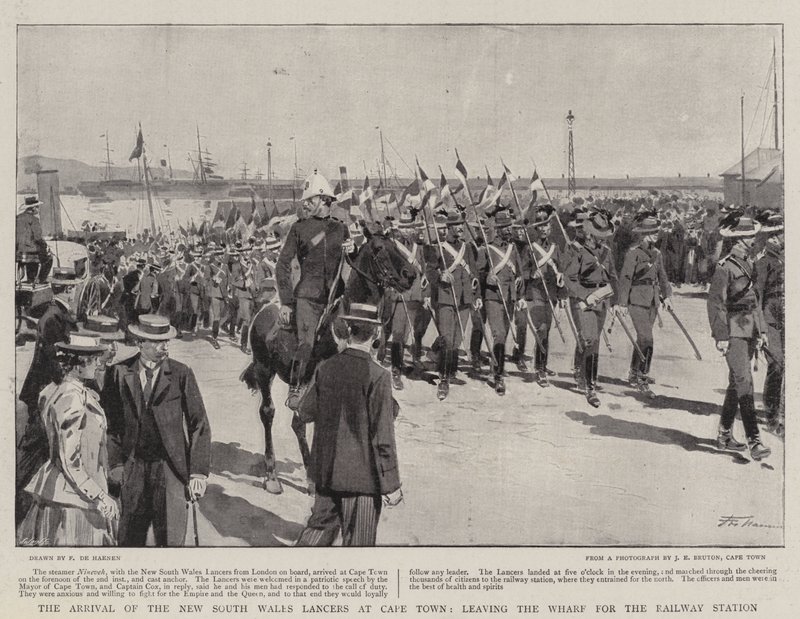 The Arrival of the New South Wales Lancers at Cape Town, Leaving the Wharf for the Railway Station by Frederic de Haenen