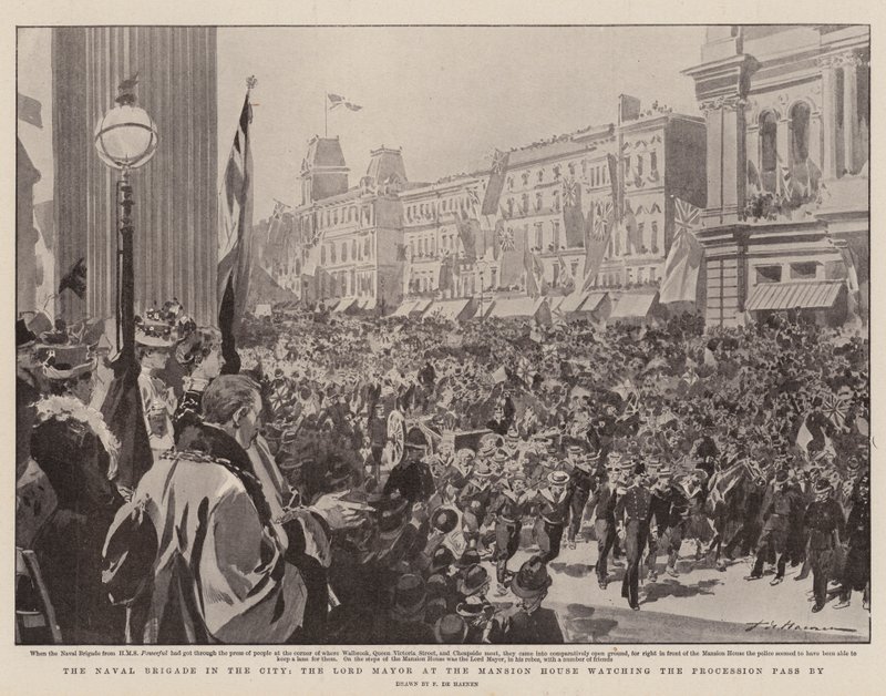 The Naval Brigade in the City, the Lord Mayor at the Mansion House watching the Procession pass by by Frederic de Haenen