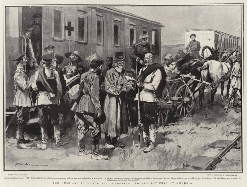 The Russians in Manchuria, removing Cholera Patients at Kharbia by Frederic de Haenen