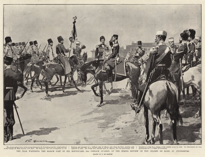 The Tsar watching the March Past of his Bodyguard at the Spring Review on the Champs de Mars, St Petersburg by Frederic de Haenen