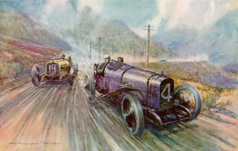 K Lee Guinness with the Sunbeam in the Tourist Trophy Race by Frederick Gordon (after) Crosby