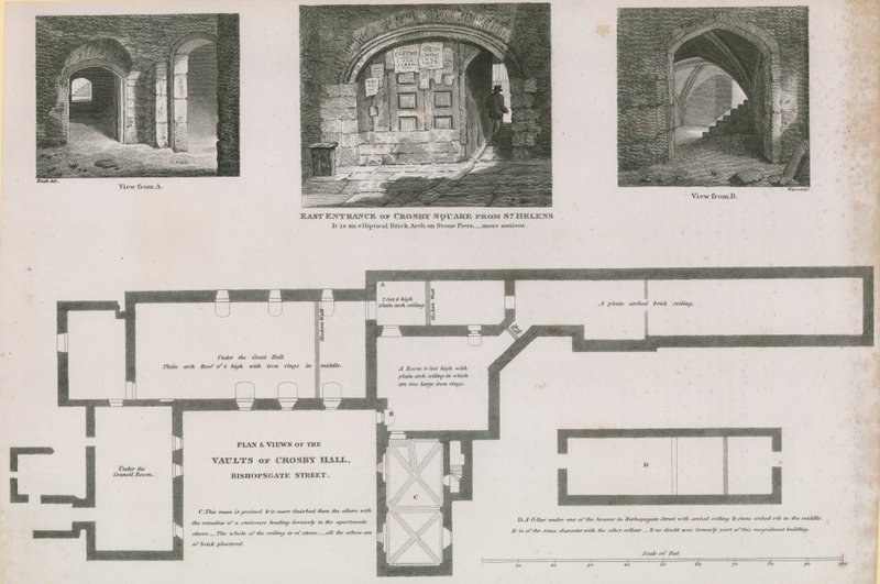 Ground Plan and Views of Vaults of Crosby Hall, Bishopsgate Street by Frederick Nash