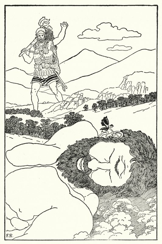The Pygmy shouted into Antaeus ear that another giant was coming by Frederick Richardson