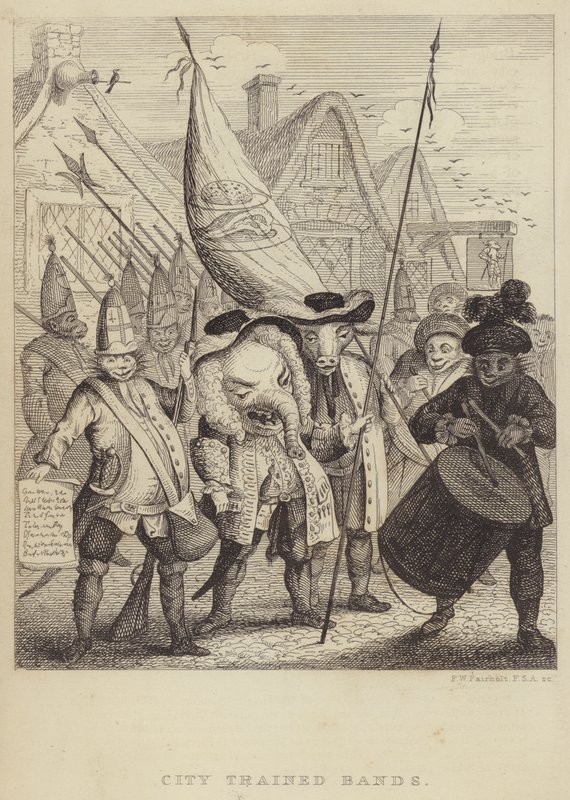 City Trained Bands: satire on the militias associated with the City of London and the panic generated by the 1745 Jacobite Rebellion by Frederick William Fairholt