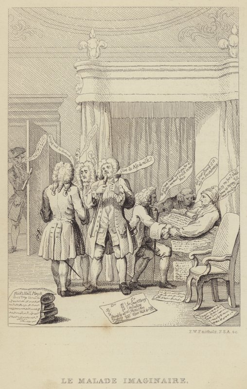 Le Malade Imaginaire: satire depicting author and botanist John Hill in bed being consulted by a range of physicians all determined to secure their fees by Frederick William Fairholt