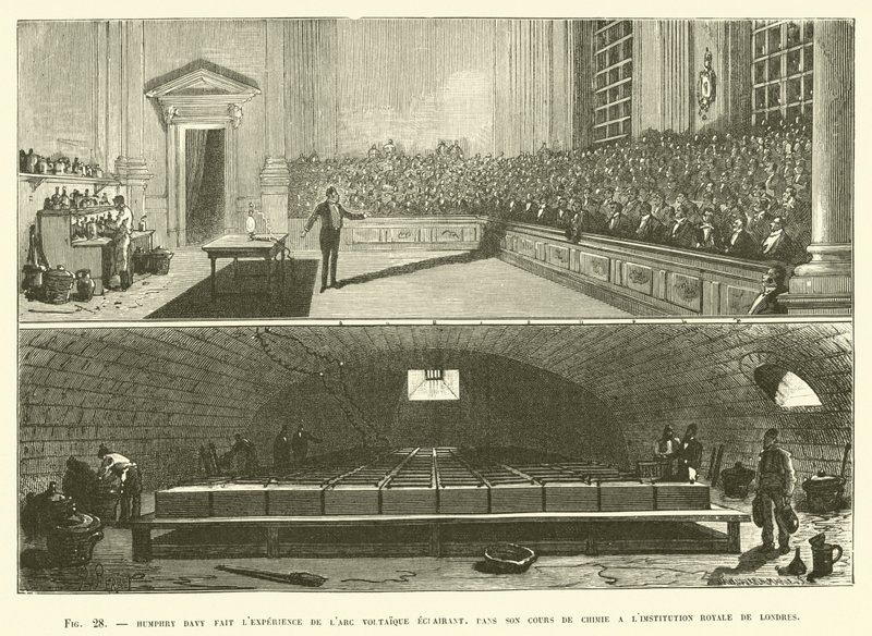 Humphry Davy Conducts the Voltaic Arc Experiment in His Chemistry Course by French School