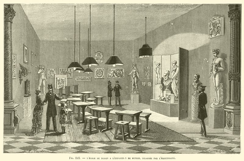 The Drawing School at the Munich Exhibition, Lit by Electricity by French School