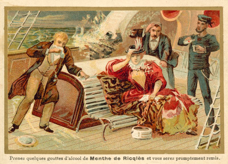 Passengers on a ship being given Ricqlès mint spirit to cure their seasickness by French School