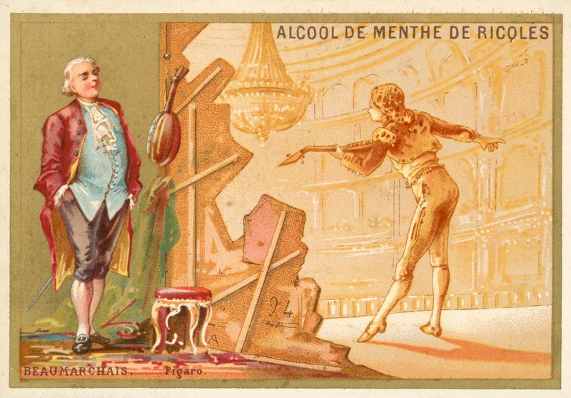 Pierre Beaumarchais, French playwright, and his creation, Figaro by French School