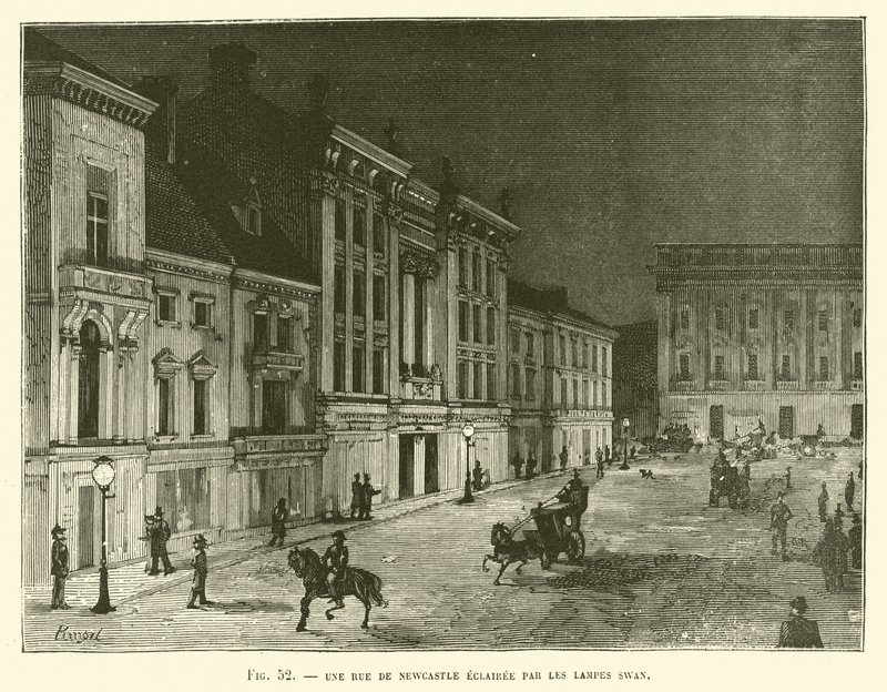 A Street in Newcastle Lit by Swan Lamps by French School