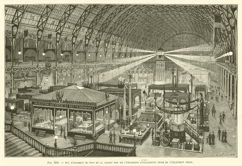 Nighttime Overview of the Great Nave of the Electricity Exhibition, Taken from the West End by French School