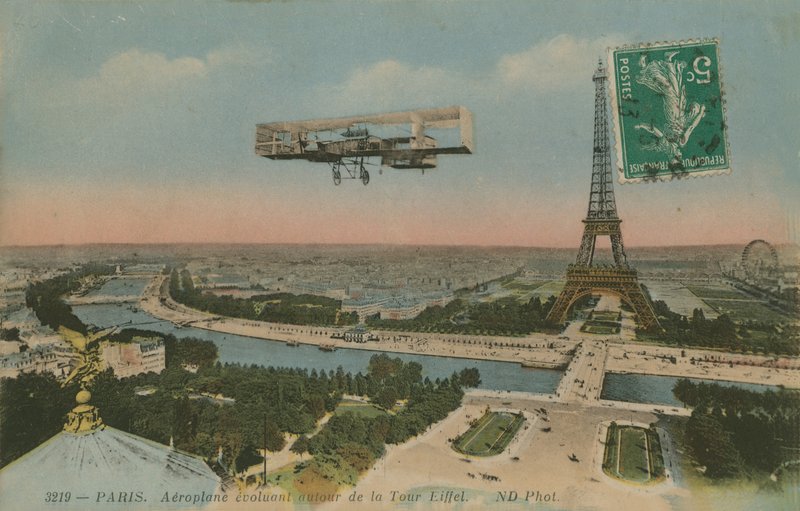 Aeroplane circling around the Eiffel Tower in Paris, France by French Photographer