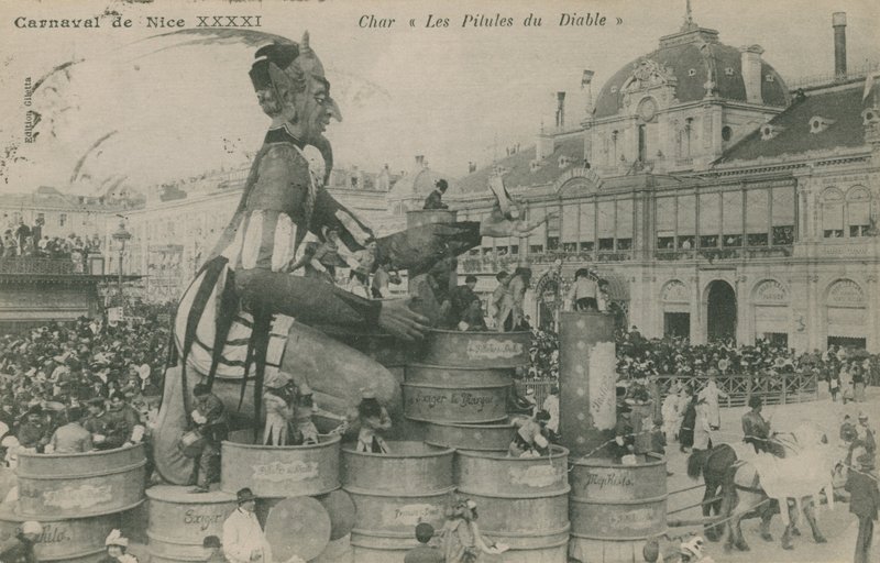 Carnaval de Nice, Char, Les Pilules du Diable. Postcard sent in 1913 by French Photographer