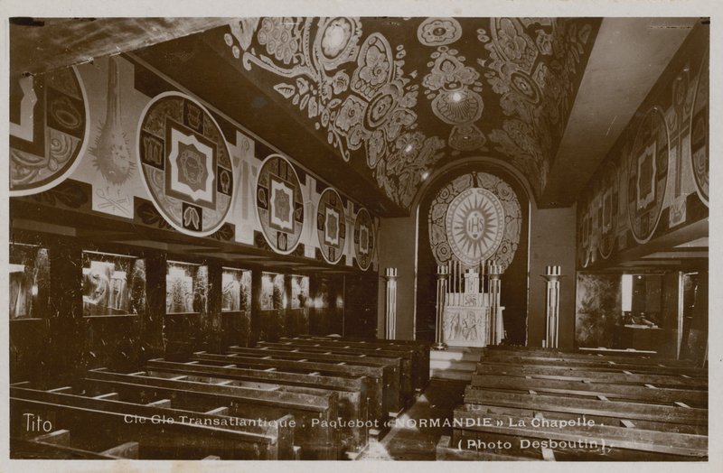 Chapel on board the steamboat, La Normandie. Postcard sent in 1913 by French Photographer