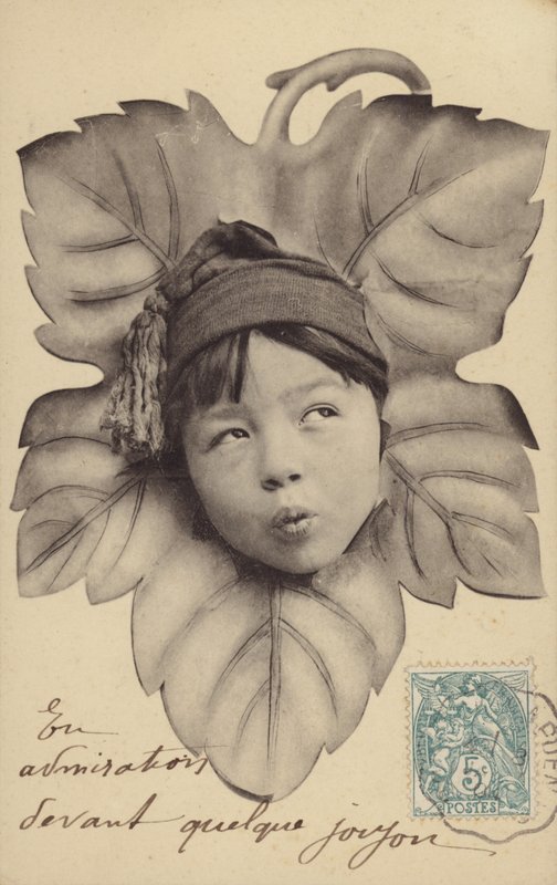 Face of a little boy at the centre of a leaf by French Photographer