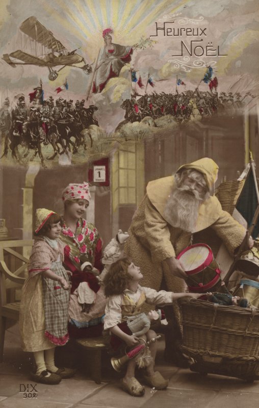 Father Christmas Giving Presents to Children, with World War I Battle in Background by French Photographer