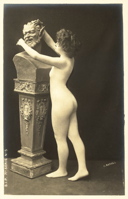 Girl in Body Stocking Paying Attentions to Bust of Satyr by French Photographer