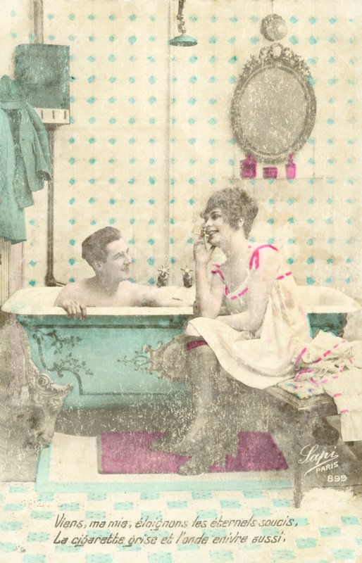 Girl, smoking, talking to man in bath by French Photographer