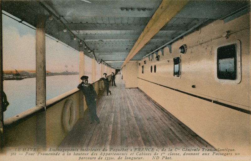 Le Havre - interior of SS France, ocean liner owned by Compagnie Generale Transatlantique. Promenade deck, with a length of 135 metres, at the height of first class cabins. Postcard sent in 1913 by French Photographer