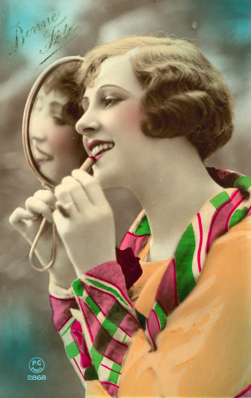 Pretty Girl Applying Lipstick, Using Mirror by French Photographer