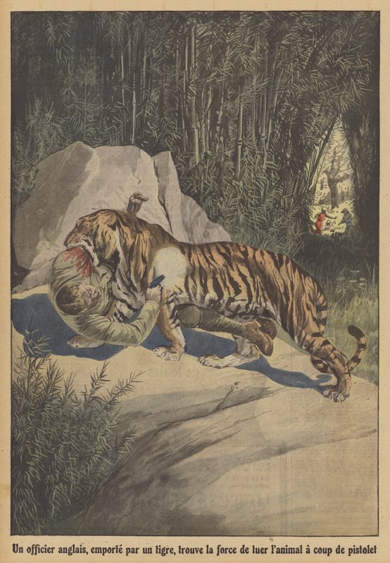 A British officer, carried off by a tiger, finds the strength to kill the animal with his pistol by French School