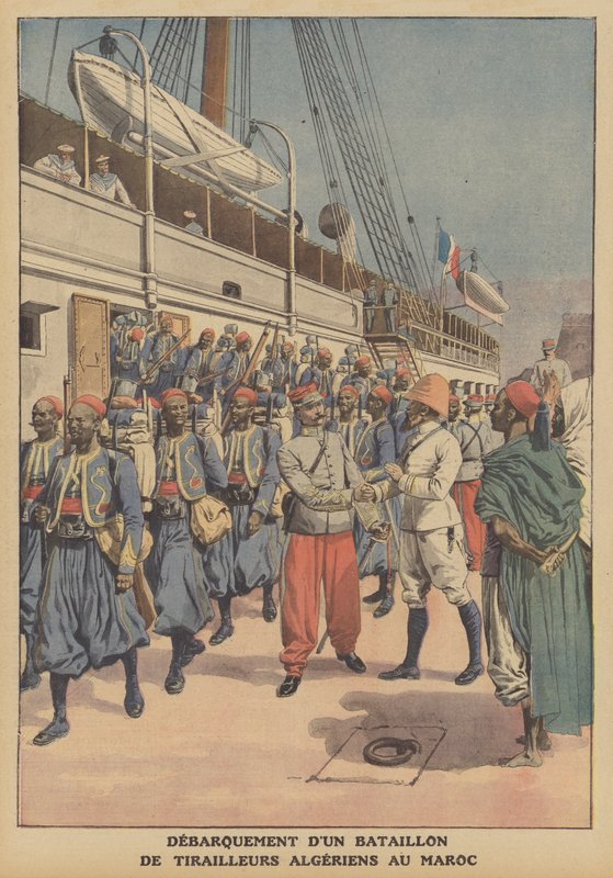 A battalion of Algerian tirailleurs disembarking from a ship in Casablanca, Morocco by French School