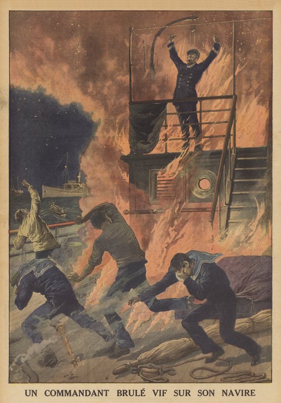 A captain burned alive on his ship (colour lithograph) by French School