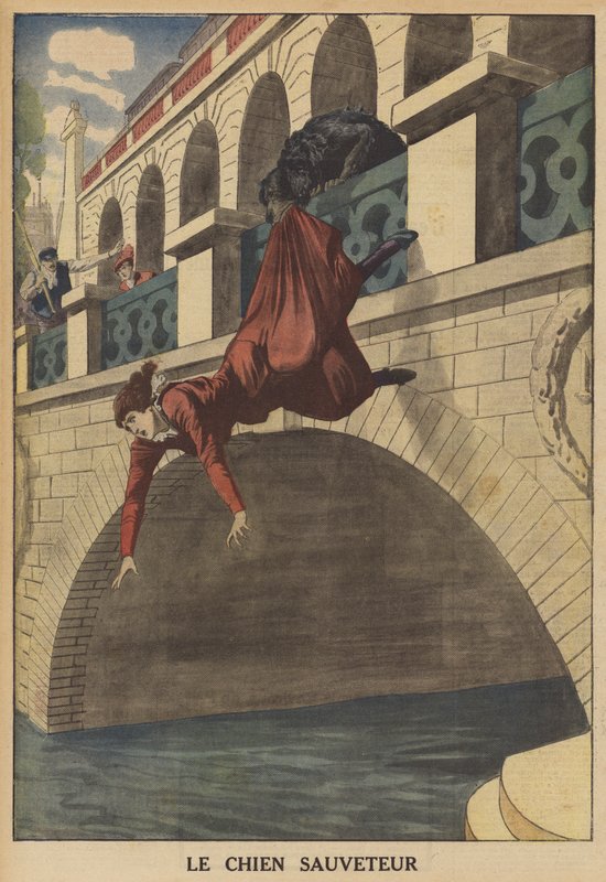 A dog saving a woman from falling from a bridge (colour lithograph) by French School