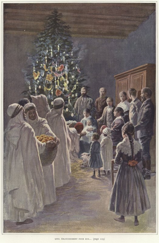 A Family Group Watching a Nativity Scene by a Christmas Tree by French School