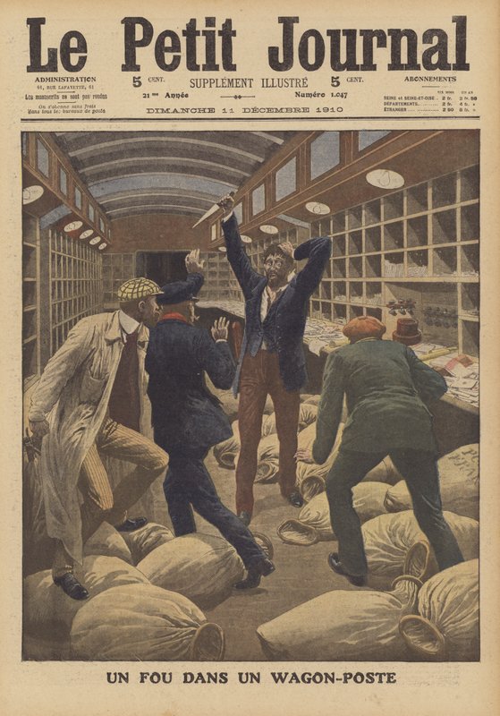 A madman in a mail carriage on a train arriving in Paris by French School