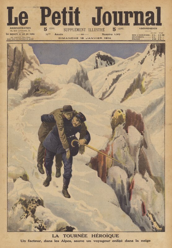 A postman saving a traveller lost in the snow in the Alps by French School
