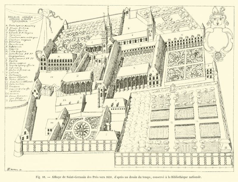 Abbey of Saint-Germain des Pres around 1630, after a drawing of the time, kept at the National Library by French School