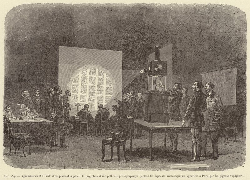 Enlargement using a powerful projection device of a photographic film carrying microscopic messages brought to Paris by carrier pigeons (engraving) by French School