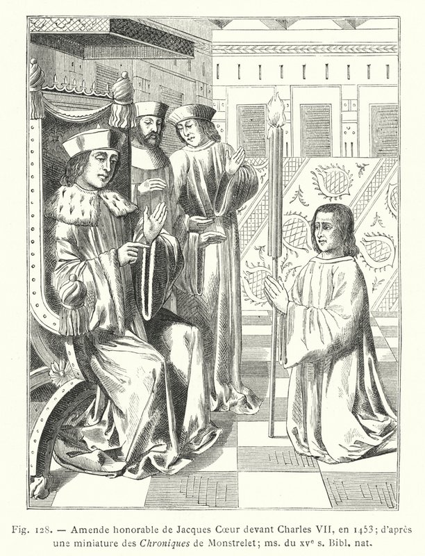 Honorable Amendment of Jacques Coeur Before Charles VII, in 1453; After a Miniature from the Chronicles of Monstrelet; Manuscript from the 15th Century, National Library by French School