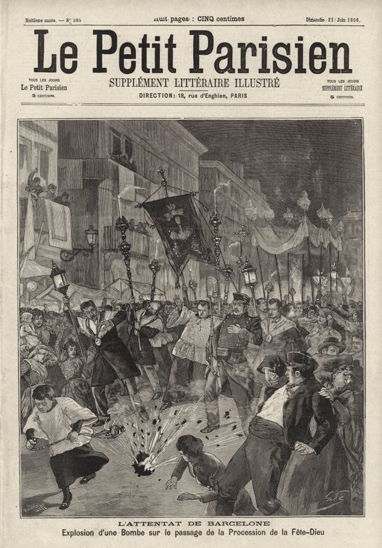 Anarchist bomb attack on the Corpus Christi procession leaving the Church of Santa Maria, Barcelona, Spain by French School