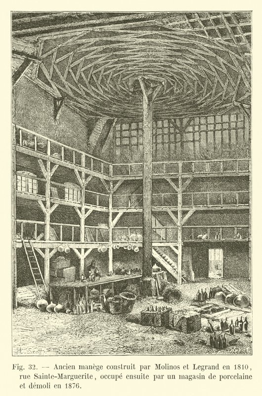 Old riding school built by Molinos and Legrand in 1810, Sainte-Marguerite Street, later occupied by a porcelain shop and demolished in 1876 by French School