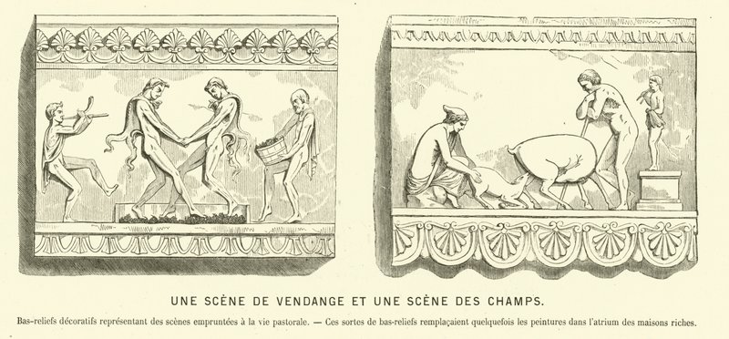 Ancient Roman bas-reliefs depicting a grape harvest and a scene in the fields by French School