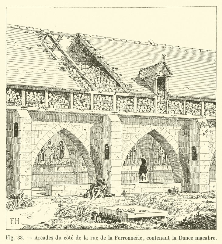 Arcades on the side of the rue de la Ferronnerie, containing the Dance of Death by French School