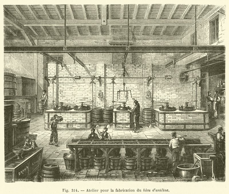 Workshop for the Manufacture of Aniline Blue (engraving) by French School
