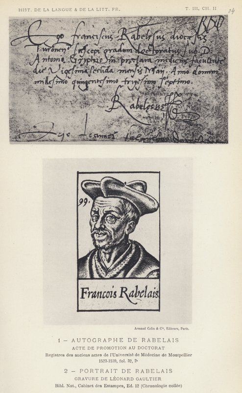 Autograph of Rabelais, Portrait of Rabelais by French School