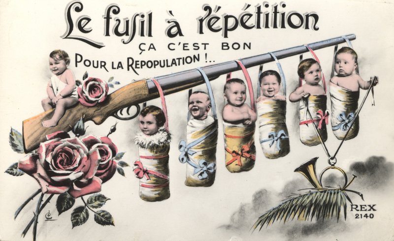 Babies and a rifle by French School