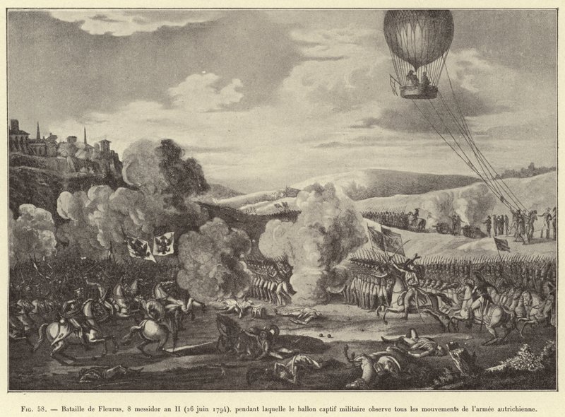 Battle of Fleurus, 8 Messidor Year II (June 26, 1794), during which the captive military balloon observed all movements of the Austrian army (engraving) by French School
