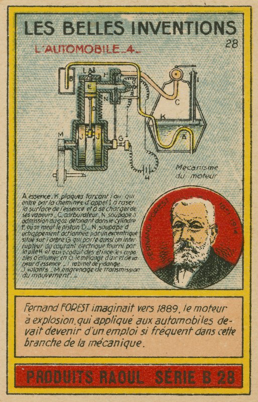 Beautiful inventions card, combustion engine by French School