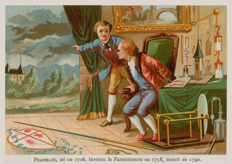 Benjamin Franklin, inventor of the lightning rod and one of the Founding Fathers of the United States (1706-1790) by French School