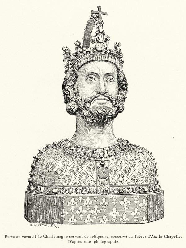 Gilded bust of Charlemagne serving as a reliquary, kept in the Treasury of Aachen by French School