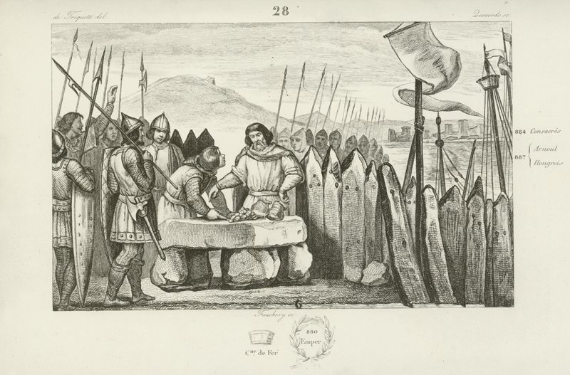 Charles the Fat pays the Vikings 700 pieces of silver to abandon their siege of Paris, 886 by French School